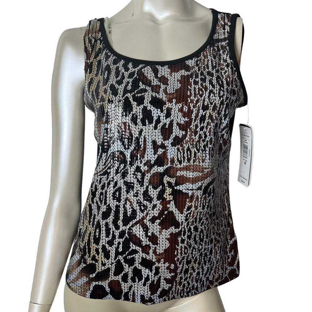 Sequined Animal Print Scoop Neck Tank Top - Black/Brown Size Large NEW NWT